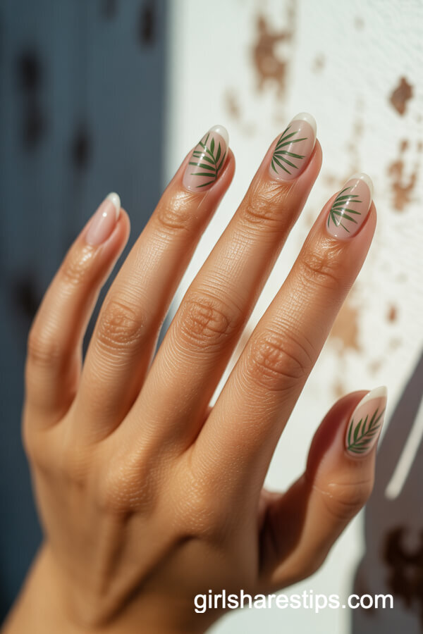 Matte Nude Nails with Palm Leaves