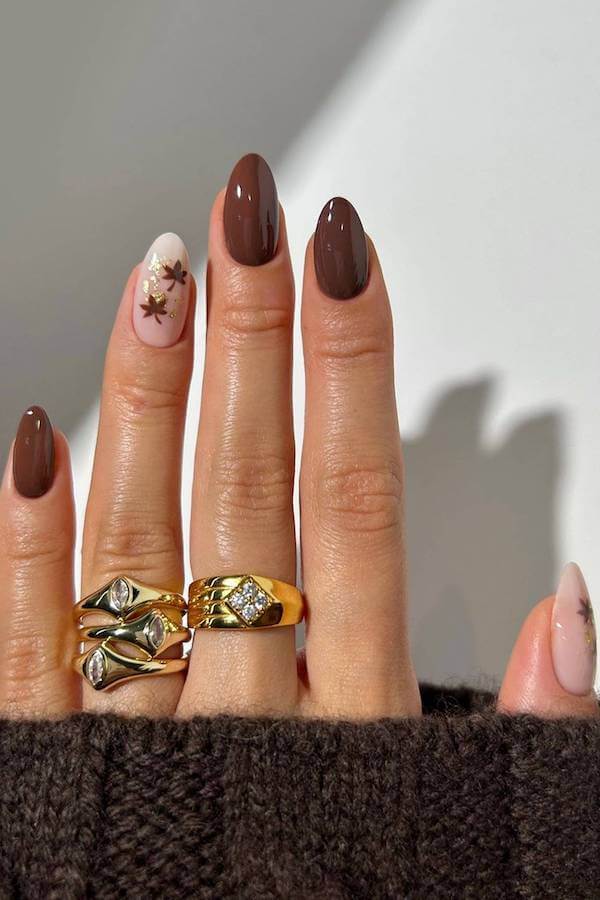 Brown and Nude Autumn Floral Nails
