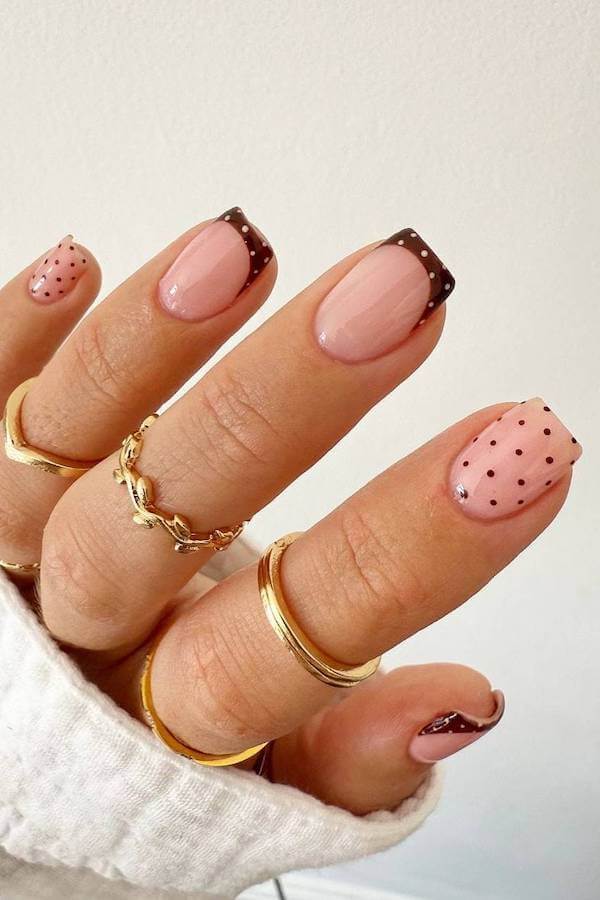 Brown French Tips with Polka Dots