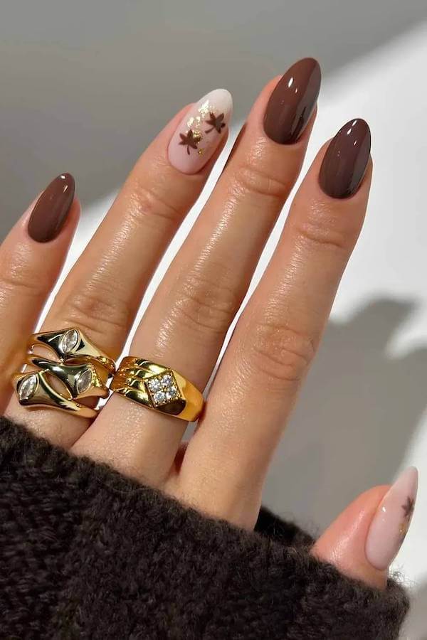 Brown and Nude Leaf Nails