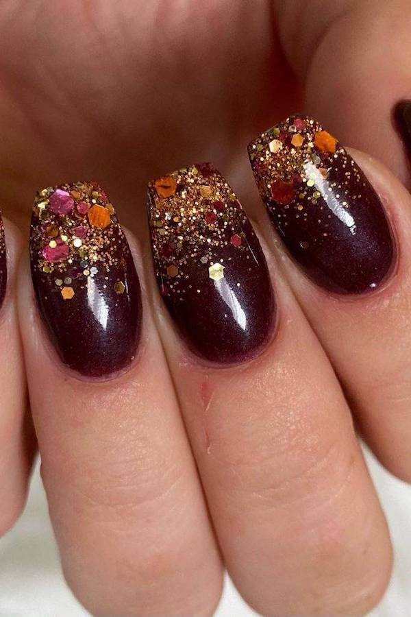 Burgundy Glitter Thanksgiving Nails
