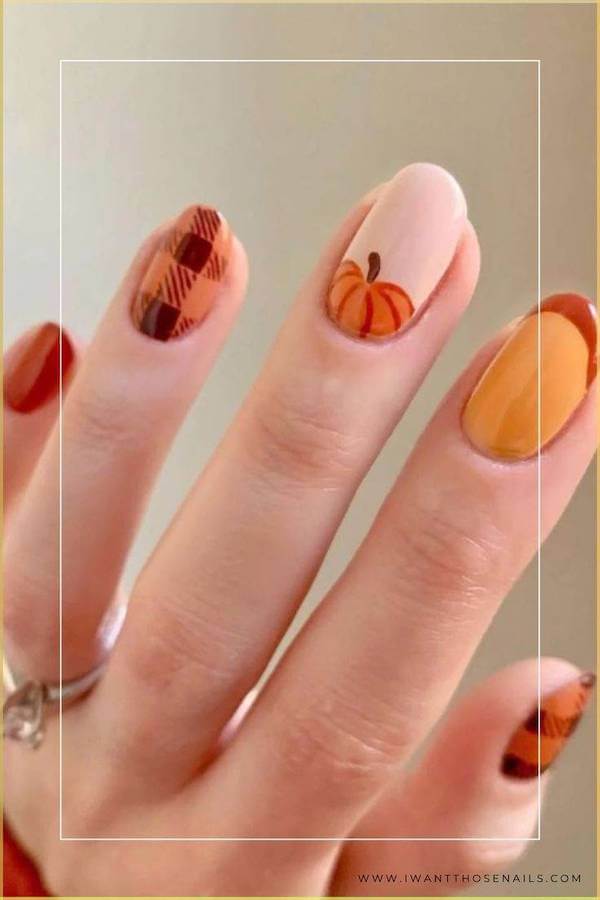 Pumpkin and Plaid Thanksgiving Nails