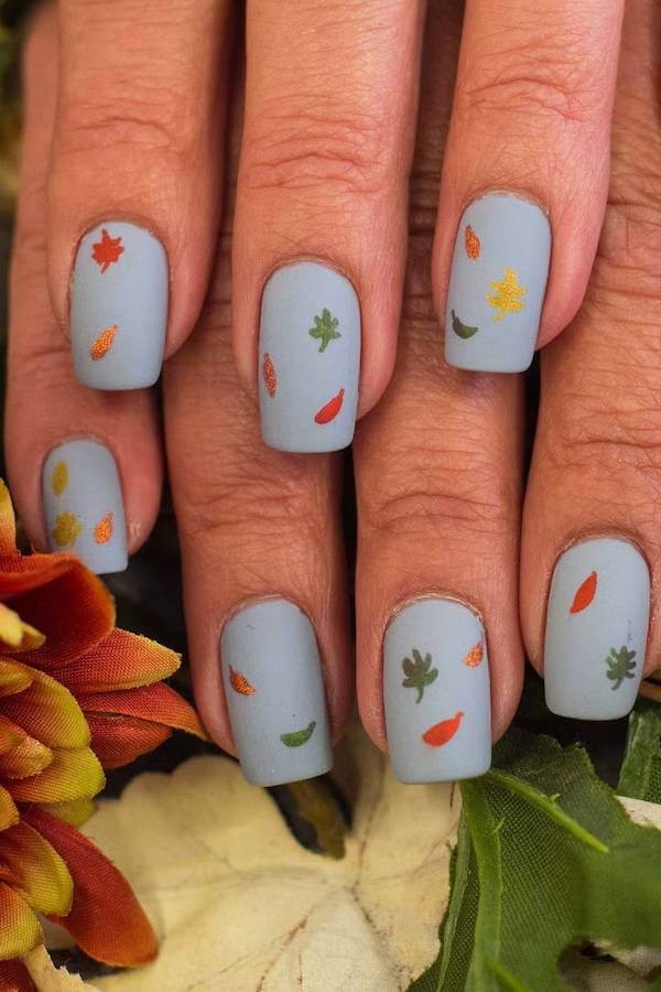 Matte Blue Nails with Fall Leaves