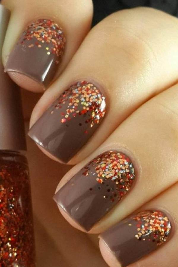 Brown Nails with Fall Glitter Tips