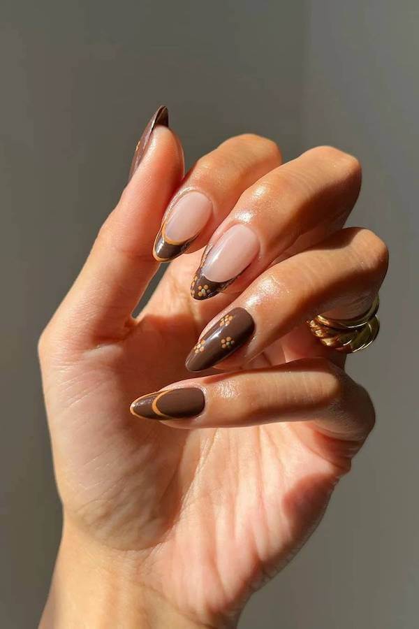 Brown French Tips with Floral Accents