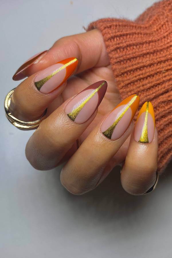 Gold and Amber Diagonal French Nails