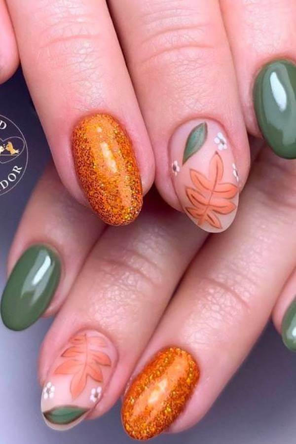 Glitter and Leafy Green Nails