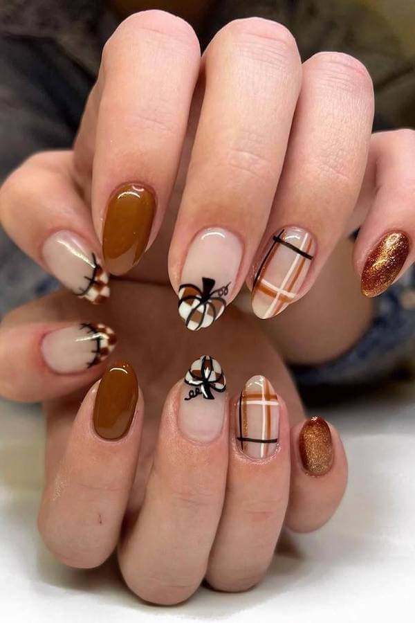 Pumpkin Plaid Thanksgiving Nails