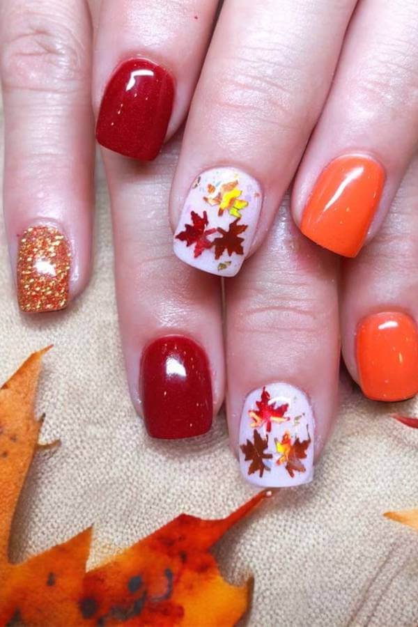 Red and Orange Maple Leaf Nails