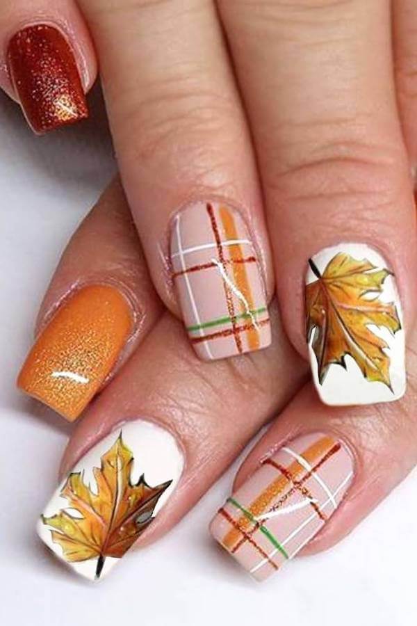 Autumn Plaid and Maple Leaf Nails
