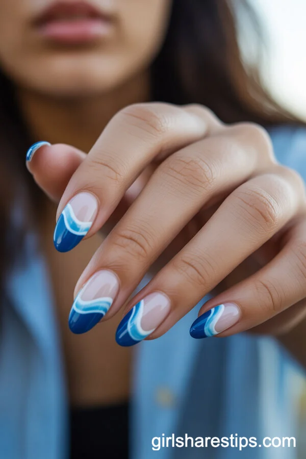 Blue Ocean Wave Gradient Almond Nails