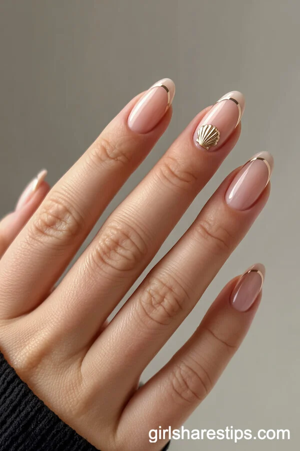 Nude Oval Nails with Gold-Tipped Seashell Detail