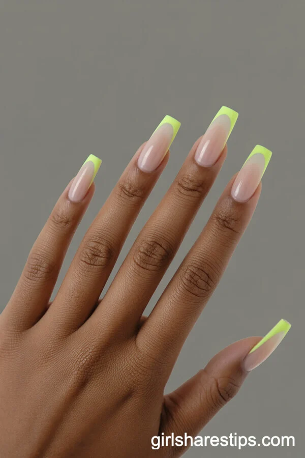 Neon-Edged Nude Coffin Nails