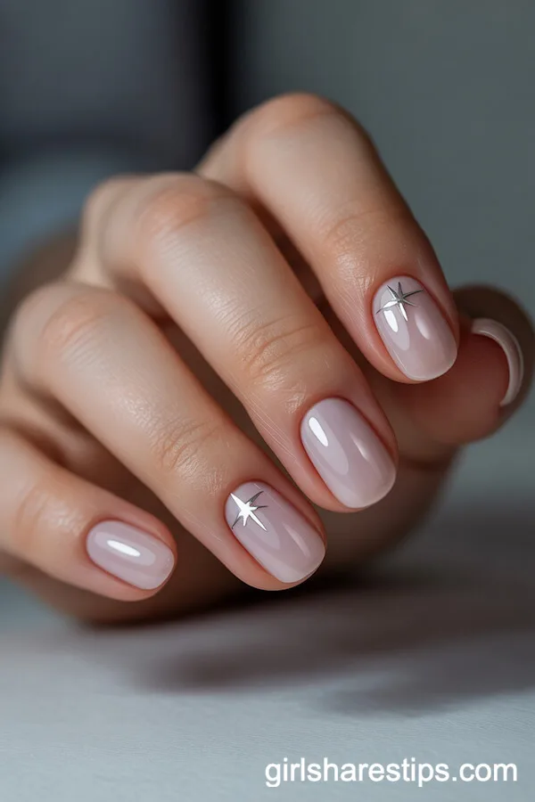 Sheer Pink Squoval Nails with Silver Star Accents