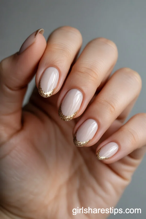 Sandy Beige Oval Nails with Gold Glitter Tips