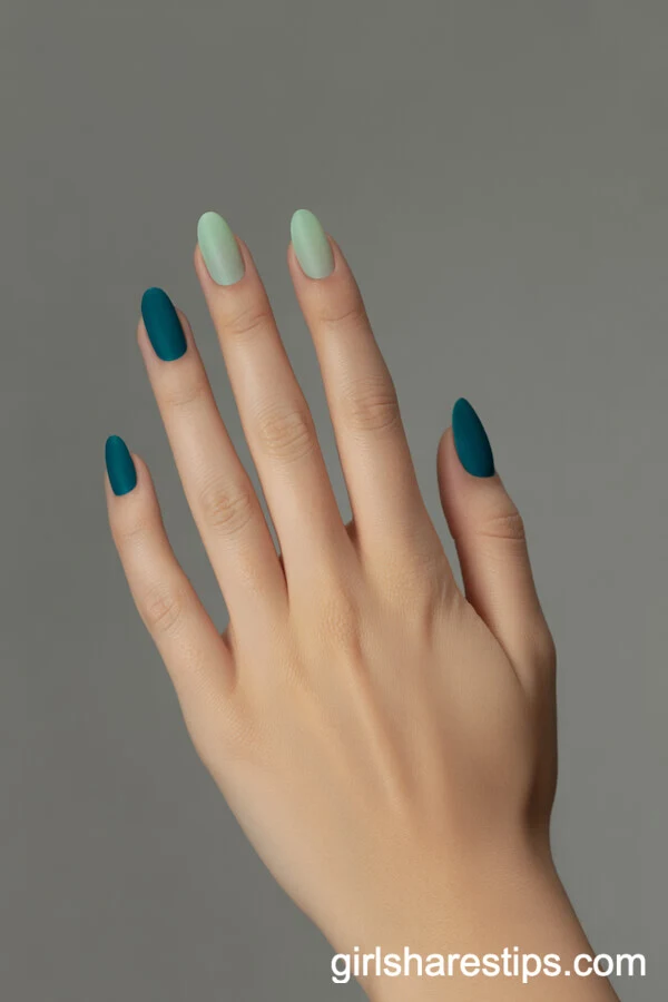 Matte Teal and Sea Glass Green Oval Nails