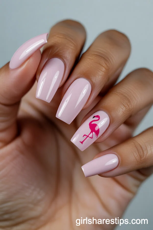 Light Pink Coffin Nails with Flamingo Accent