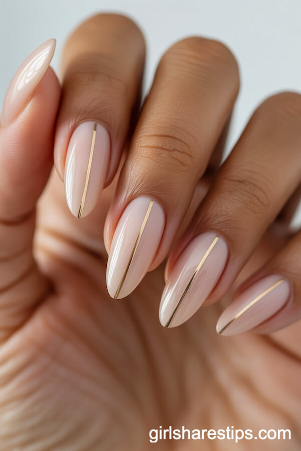 Minimal Nude Almond Nails with Thin Gold Lines