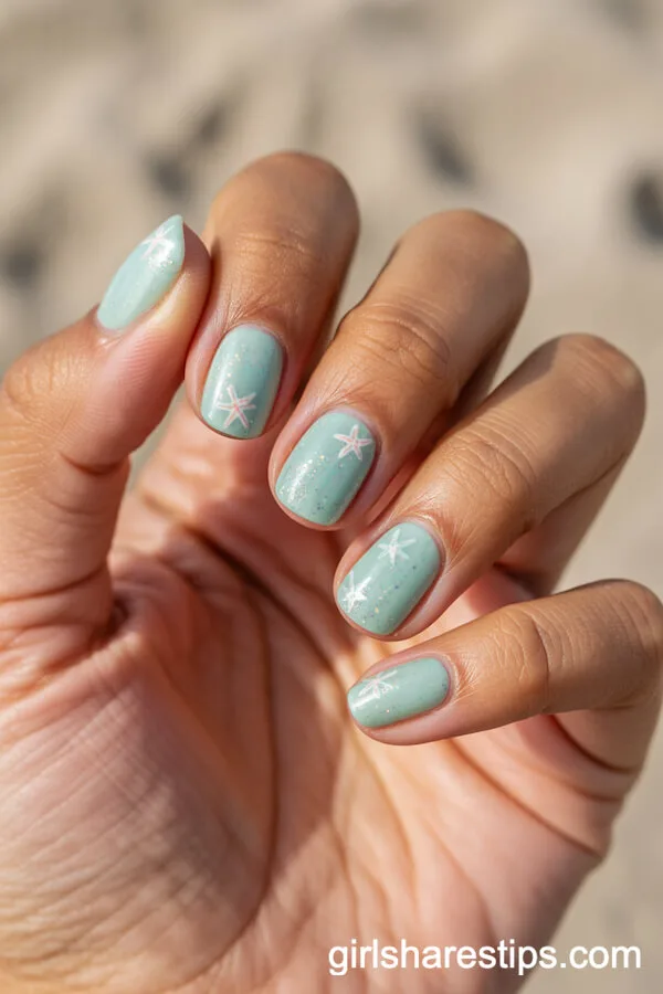 Pastel Mint Green Beach Nails with Starfish Accents