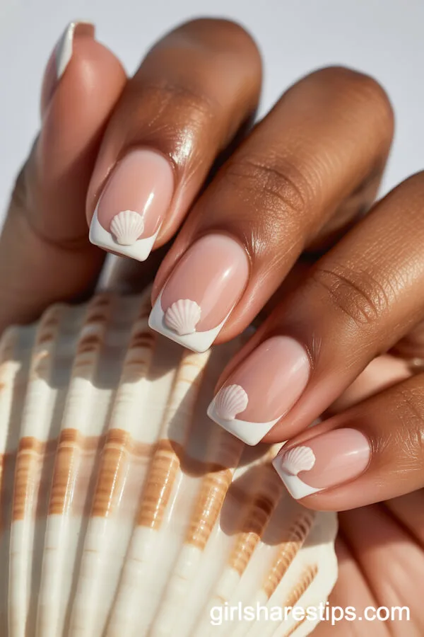 Nude Pink Square Nails with Pearlescent Seashell French Tips