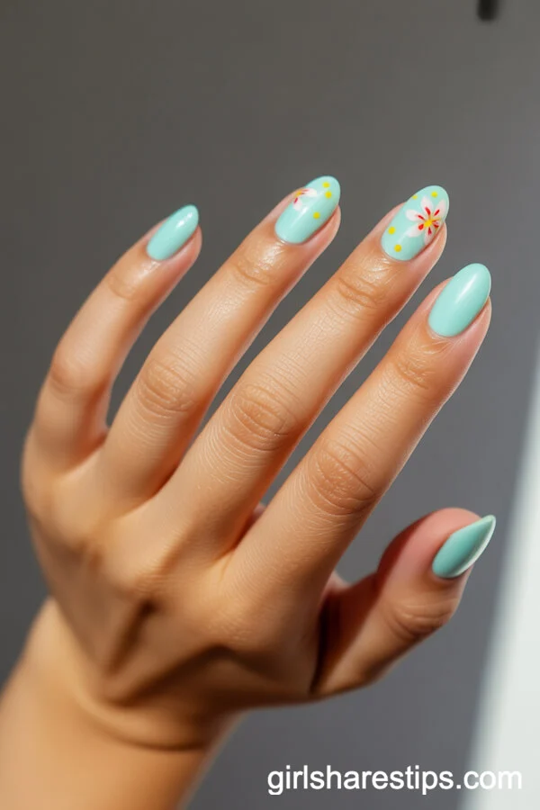 Turquoise Oval Nails with Tropical Flower Accents