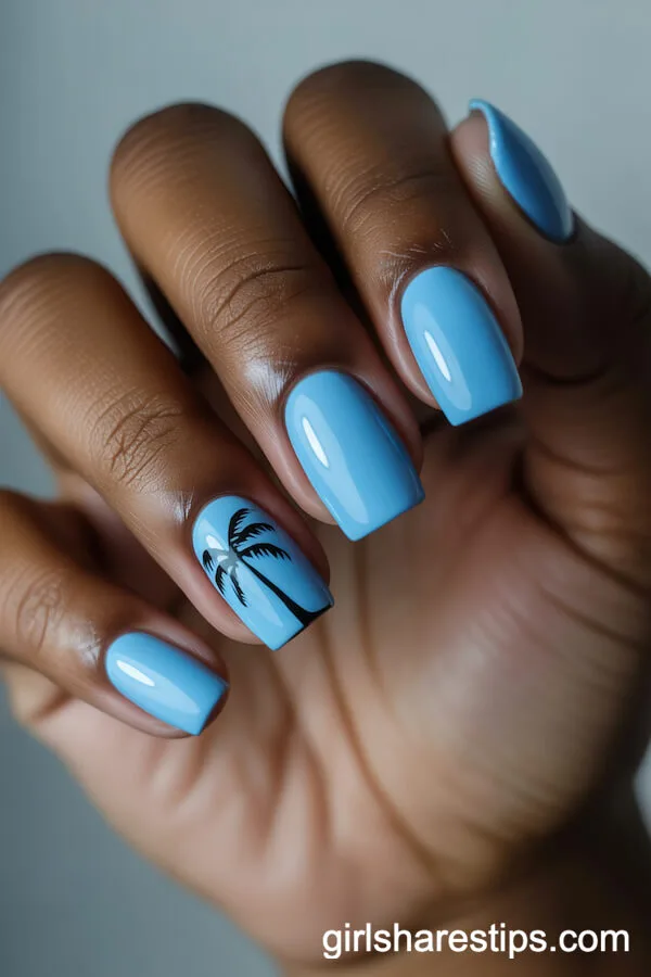 Sky Blue Ballerina Nails with Minimal Palm Tree Art
