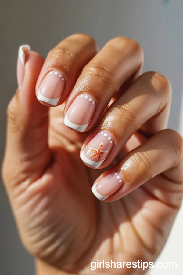Classic French Tip Round Nails with Starfish Detail