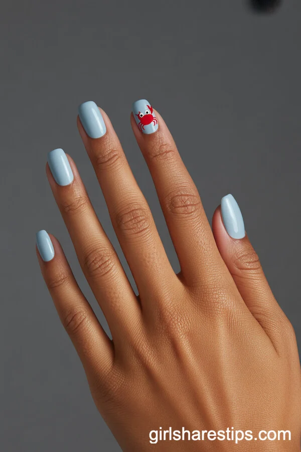 Light Blue Square Nails with Cute Red Crab Accent
