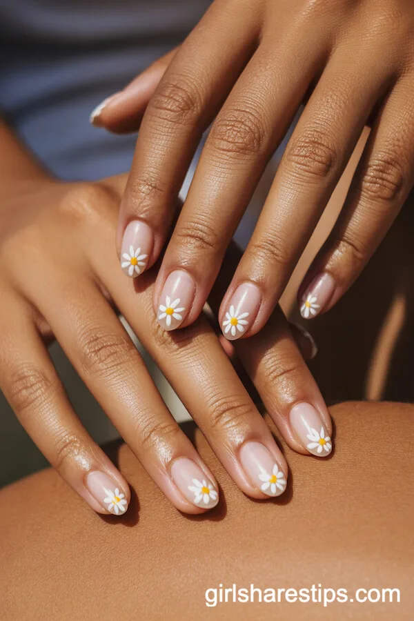 Nude Almond Nails with White Daisy Tip Accents