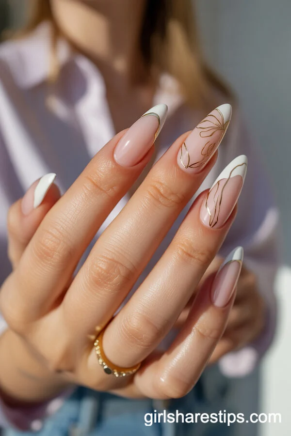 White Stiletto Nails with Gold Floral Outlines