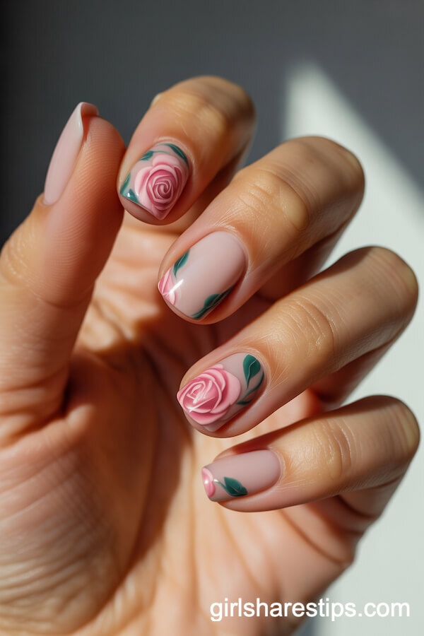 Rosy Pink Squared Nails with Soft Rose Patterns