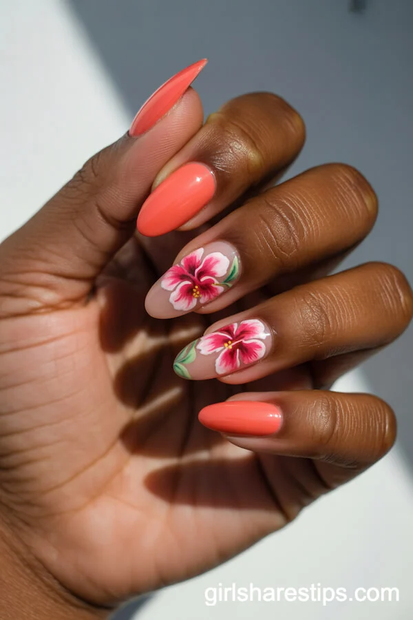 Coral Almond Nails with Tropical Hibiscus Art