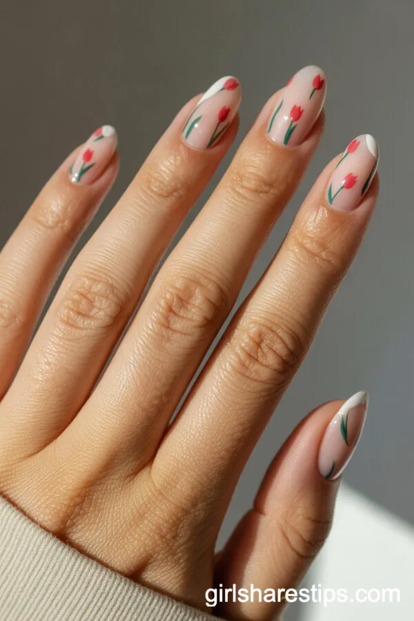 Neutral Natural Nails with Hand-Painted Tulips