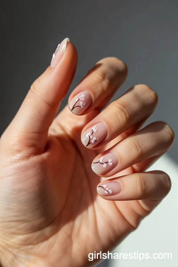Cherry Blossom Art on Pale Pink Oval Nails