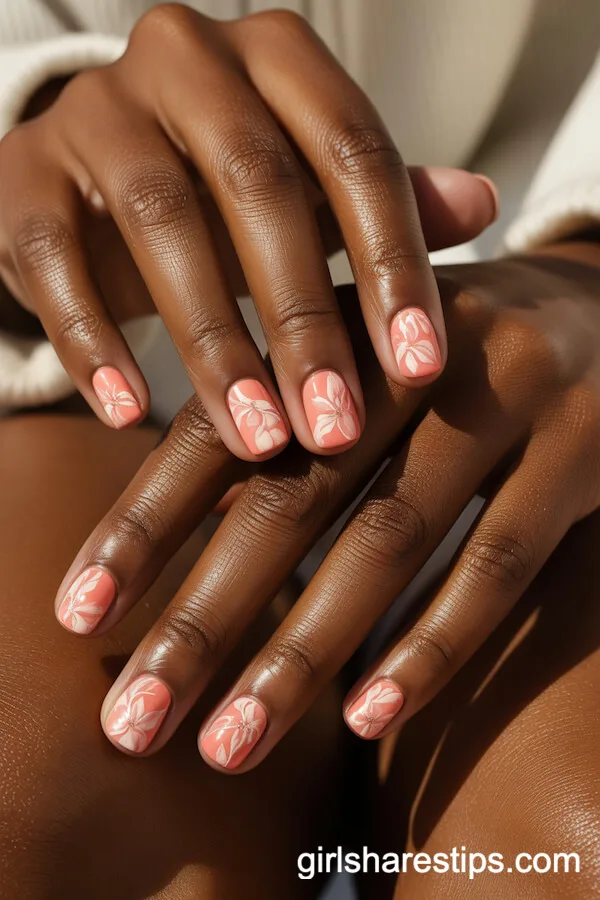 Coral Square Nails with White Floral Patterns