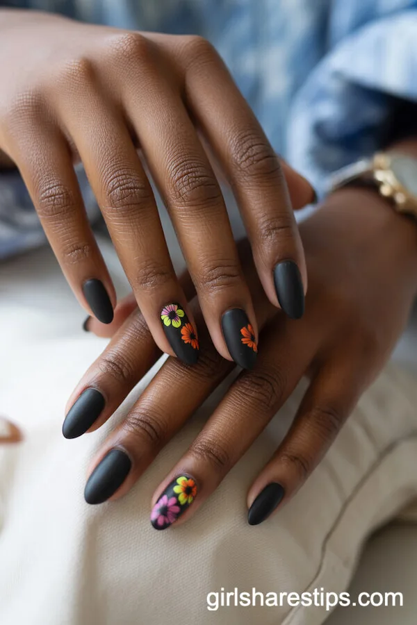 Matte Black Almond Nails with Neon Floral Details