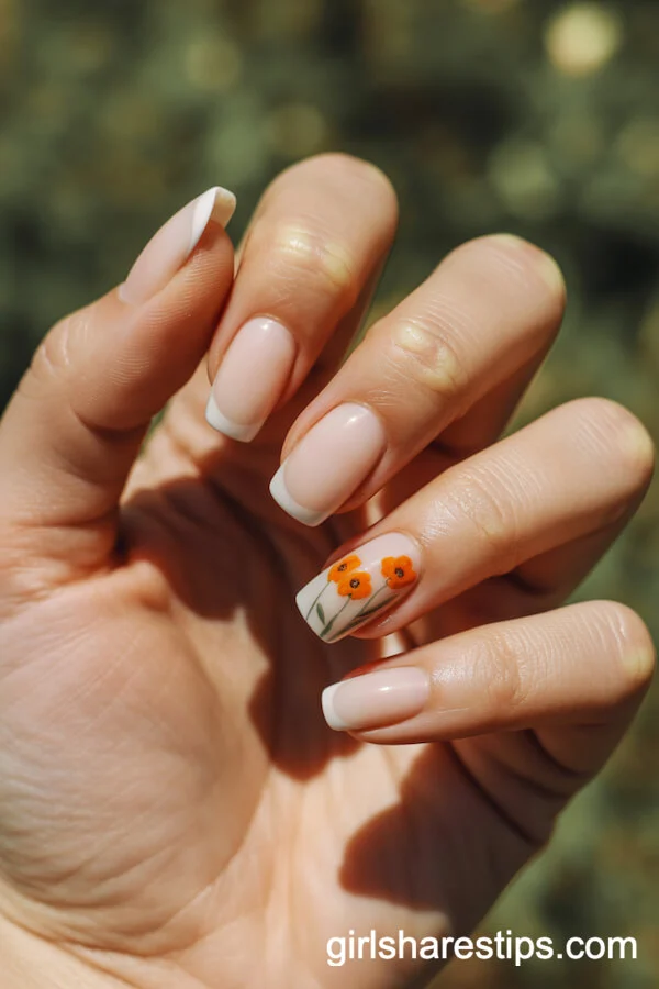 Nude Short Coffin Nails with Orange Poppy Details