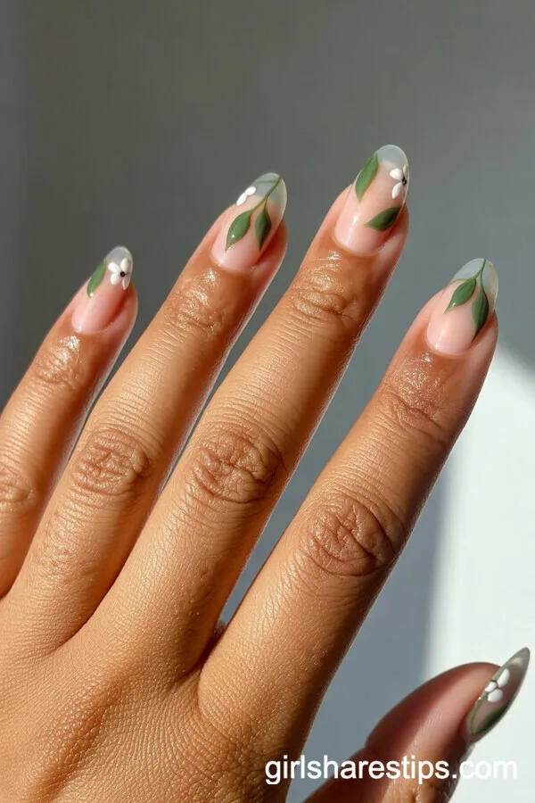 Transparent Oval Nails with Green Leaves and White Florals