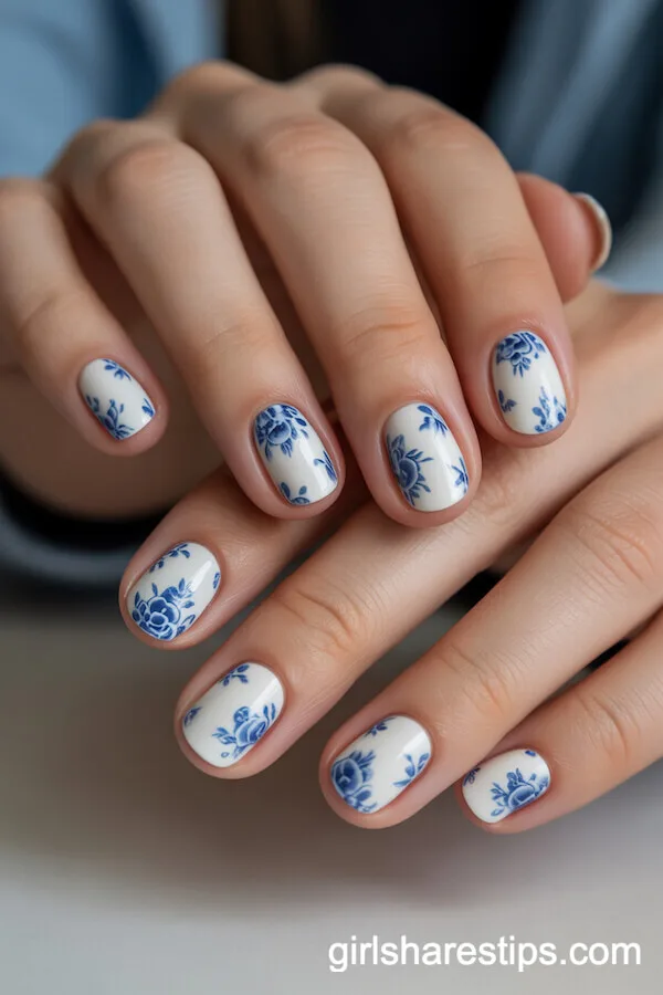 White Round Nails with Vintage Blue China Floral Designs