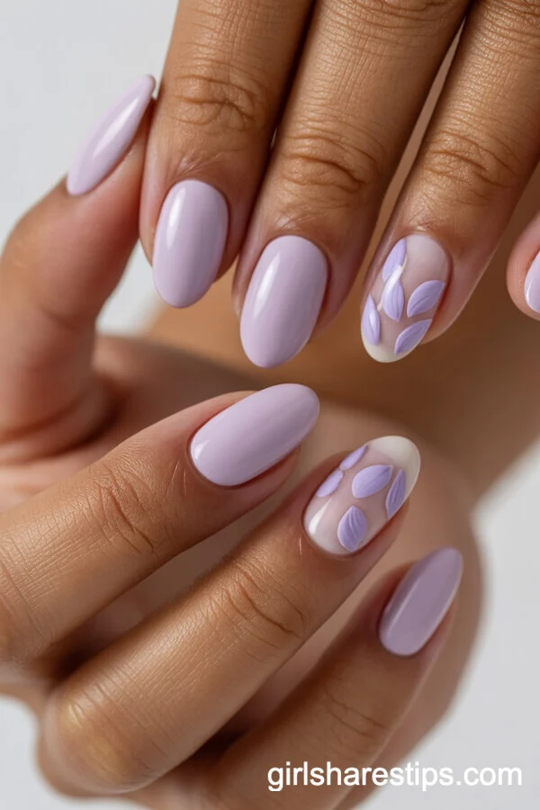 Pastel Violet Almond Nails with Purple Flower Accents