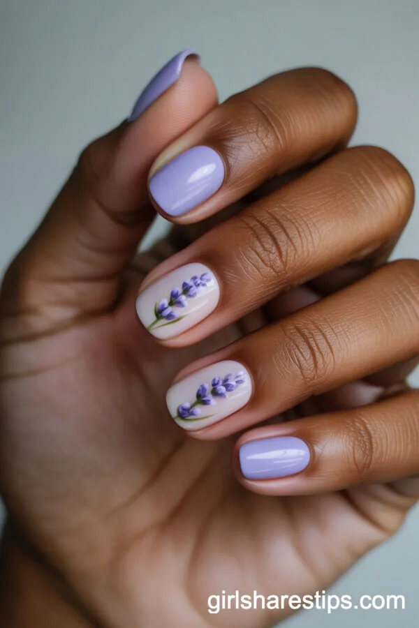 Lavender Short Rounded Nails with Purple Flower Art