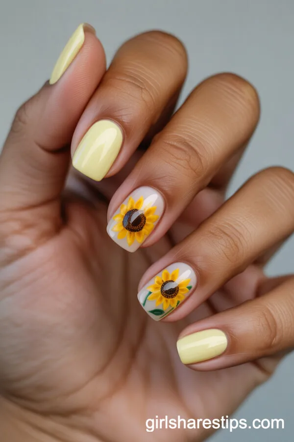 Sunflower Art on Pale Yellow Square Nails