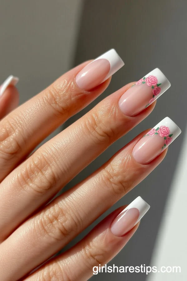 French Coffin Nails with Pink Rose Borders