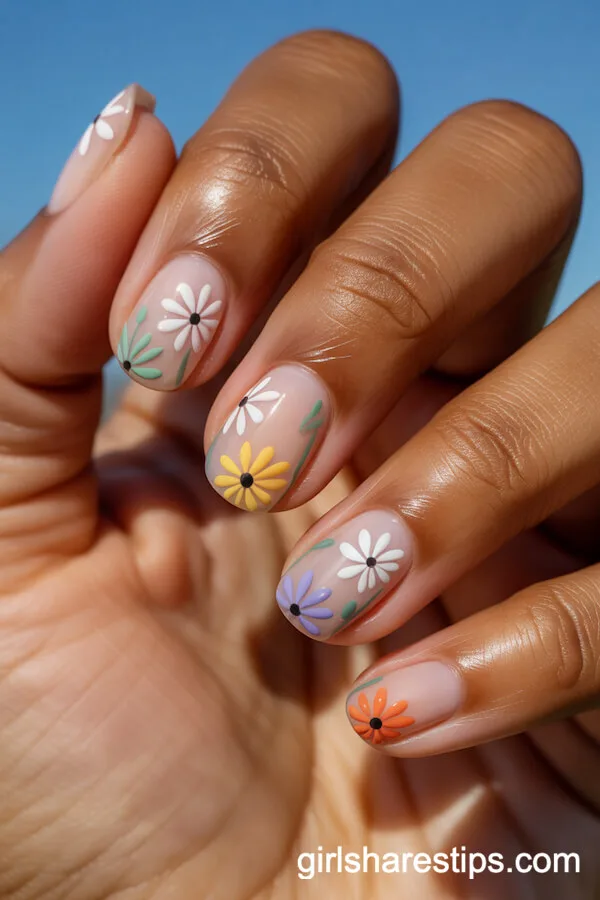 Wildflower Designs on Clear Rounded Nails
