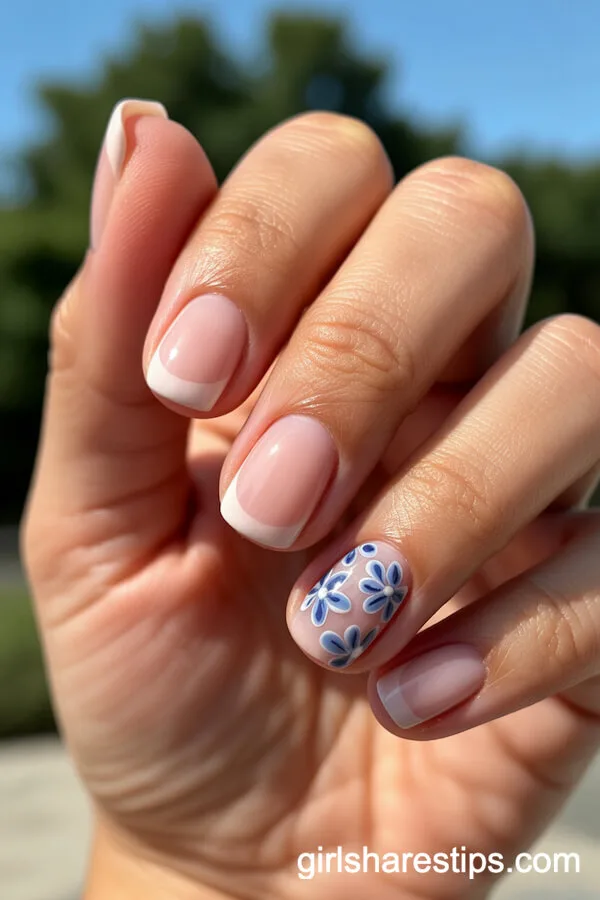 Sheer Pink Square Nails with Blue Floral Accents