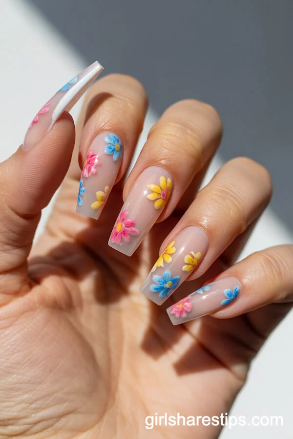 Watercolor Floral Art on Long Coffin Nails