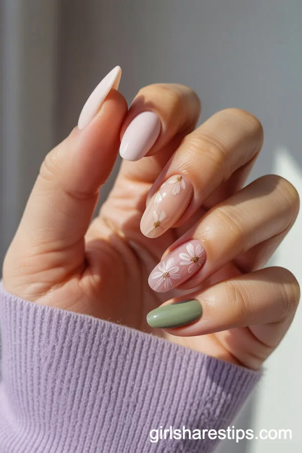 Mixed Shape Nails with Multicolor Petal Prints