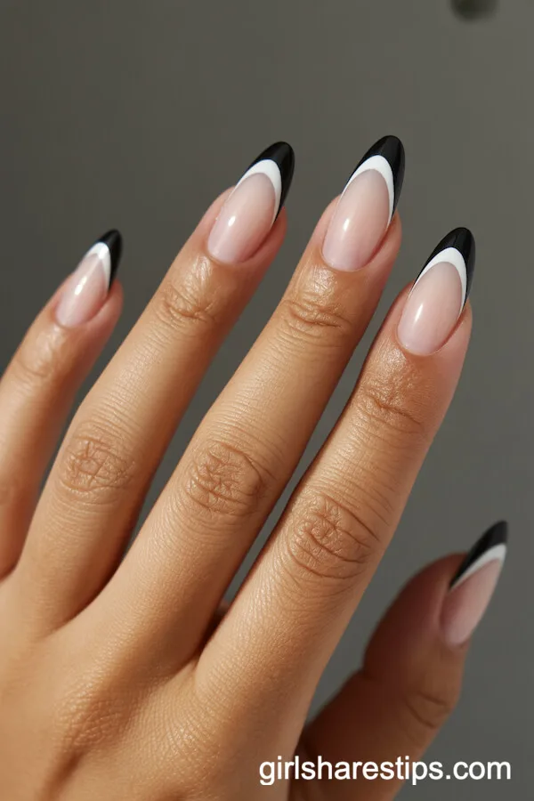 Geometric Black and White Striped Almond Nails