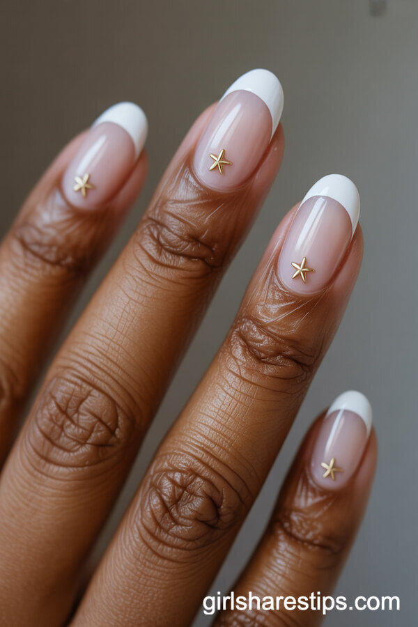 Milky White Nails with Gold Star Accents