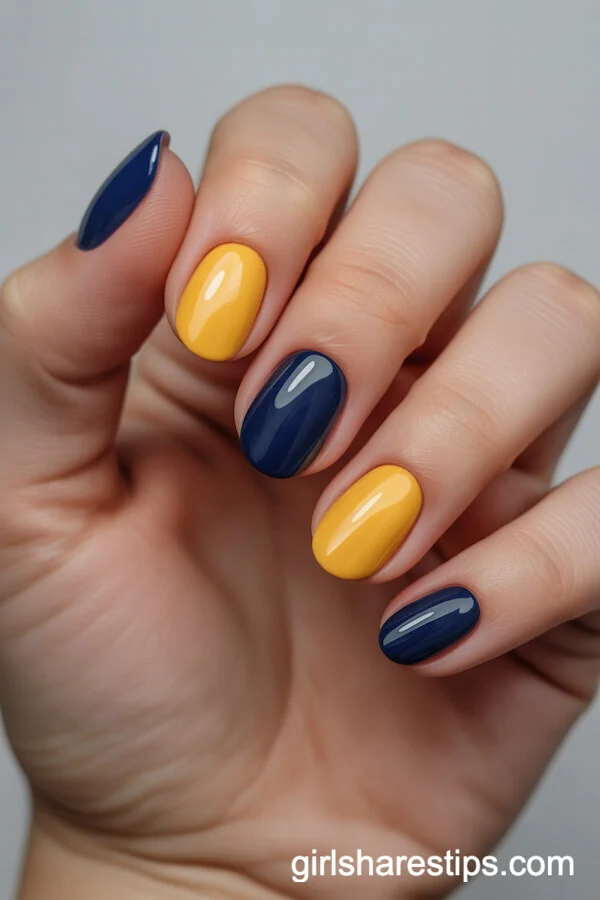 Navy Blue and Gold School Spirit Oval Nails